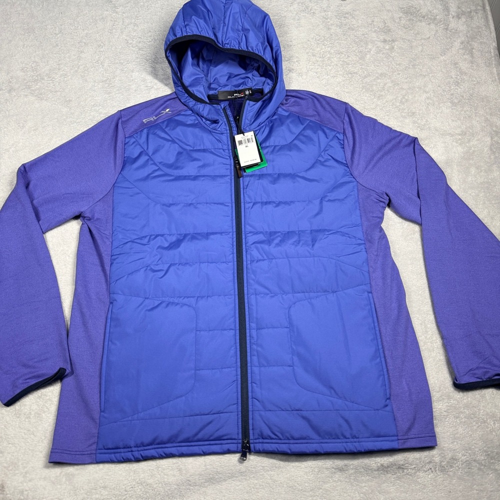 RLX Ralph Lauren Hybrid Golf Jacket Mens XL Blue Quilted Hooded Full Zip